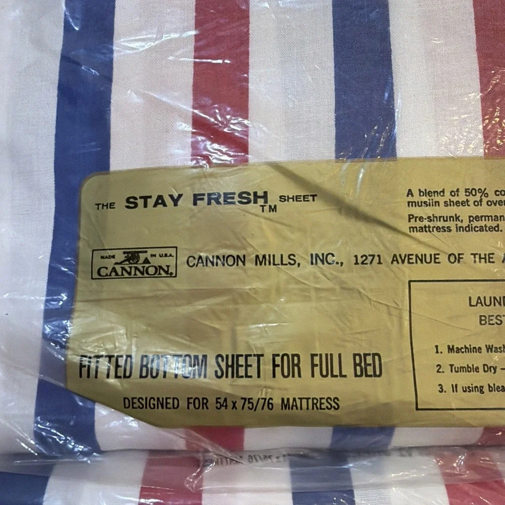 VTG USA 70/80s CANNON MONTICELLO RED WHITE BLUE FULL SZ FITTED & FLAT SHEET SET